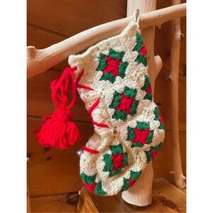 Crocheted Granny Square Christmas Stocking White, Red and Green